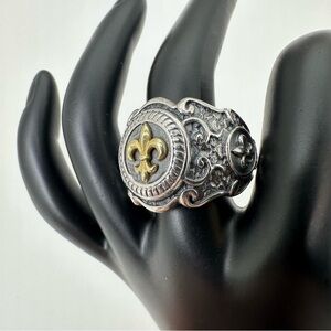 RARE VTG GOLD FLEUR DE LIS FRENCH SYMBOL MENS 925 STERLING SILVER RING SIZE 10